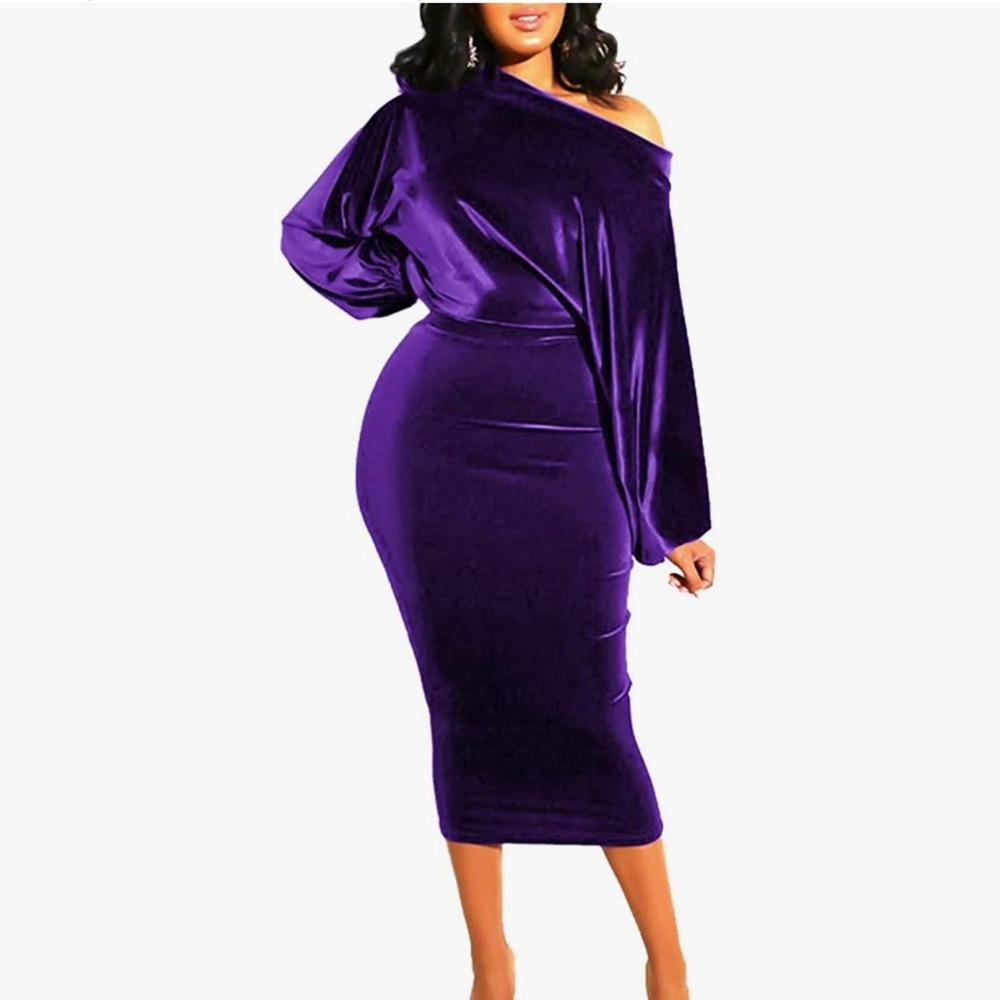 NEW Echoine Womens Velour Long Sleeve Midi Dress Off Shoulder Bodycon Dress - Picture 1 of 12